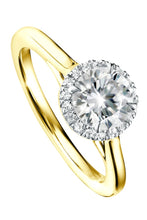 Load image into Gallery viewer, Lab Grown Diamond engagement ring. 9 carat white or yellow gold, set with a brilliant lab grown, round centre diamond framed by a round halo of pavé set diamonds.