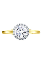 Load image into Gallery viewer, Lab Grown Diamond engagement ring. 9 carat white or yellow gold, set with a brilliant lab grown, round centre diamond framed by a round halo of pavé set diamonds.