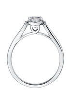 Load image into Gallery viewer, Side view of lab grown diamonds in 9 carat white gold and set with a brilliant lab grown diamond centre stone framed by a halo of pavé set diamonds.