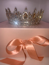 Load image into Gallery viewer, Royal Queen Crown. Large pear shaped, faux champagne coloured stones surrounded by clear diamantes and cz stones set into a circular gold coloured crown.
