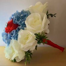 Load image into Gallery viewer, Floral faux forever arrangement with blue hydrangeas surrounded by white roses with a single red rose in the center. Stems bound with red ribbon.

